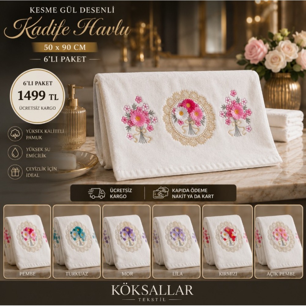 ???? Kesme Gül Desenli Kadife Havlu ????